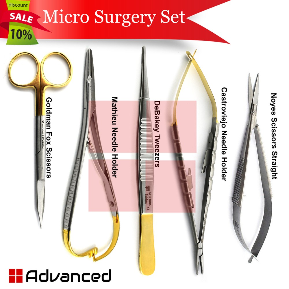 Basic Set Of Micro Surgery Instruments TC DeBakey Tweezers Goldman Fox Scissors