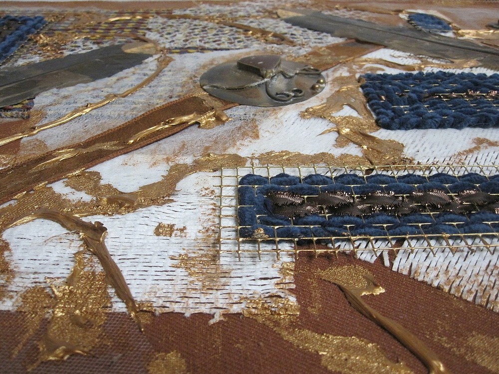 Abstract Mixed Media Cloth on Board with Copper Tones by J. Moore