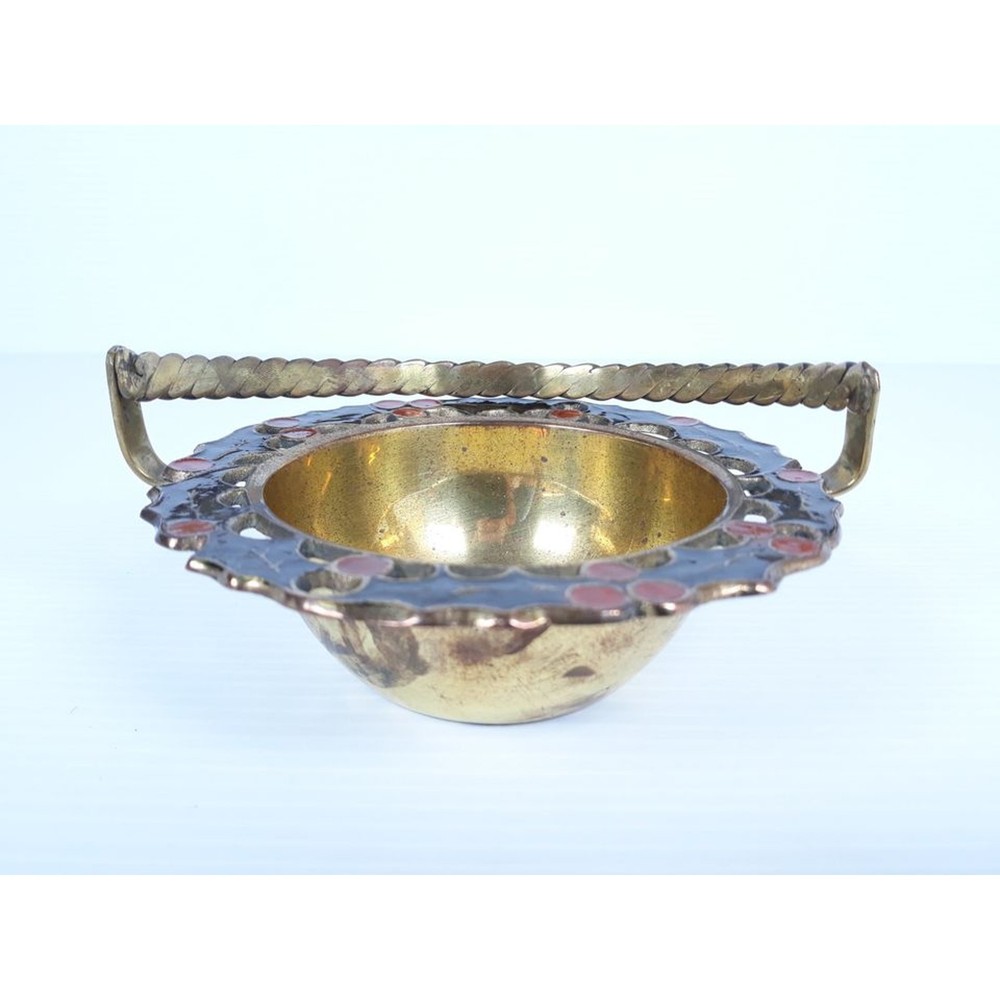 Vintage Holly Leaf Patterned Enameled Brass Basket Bowl