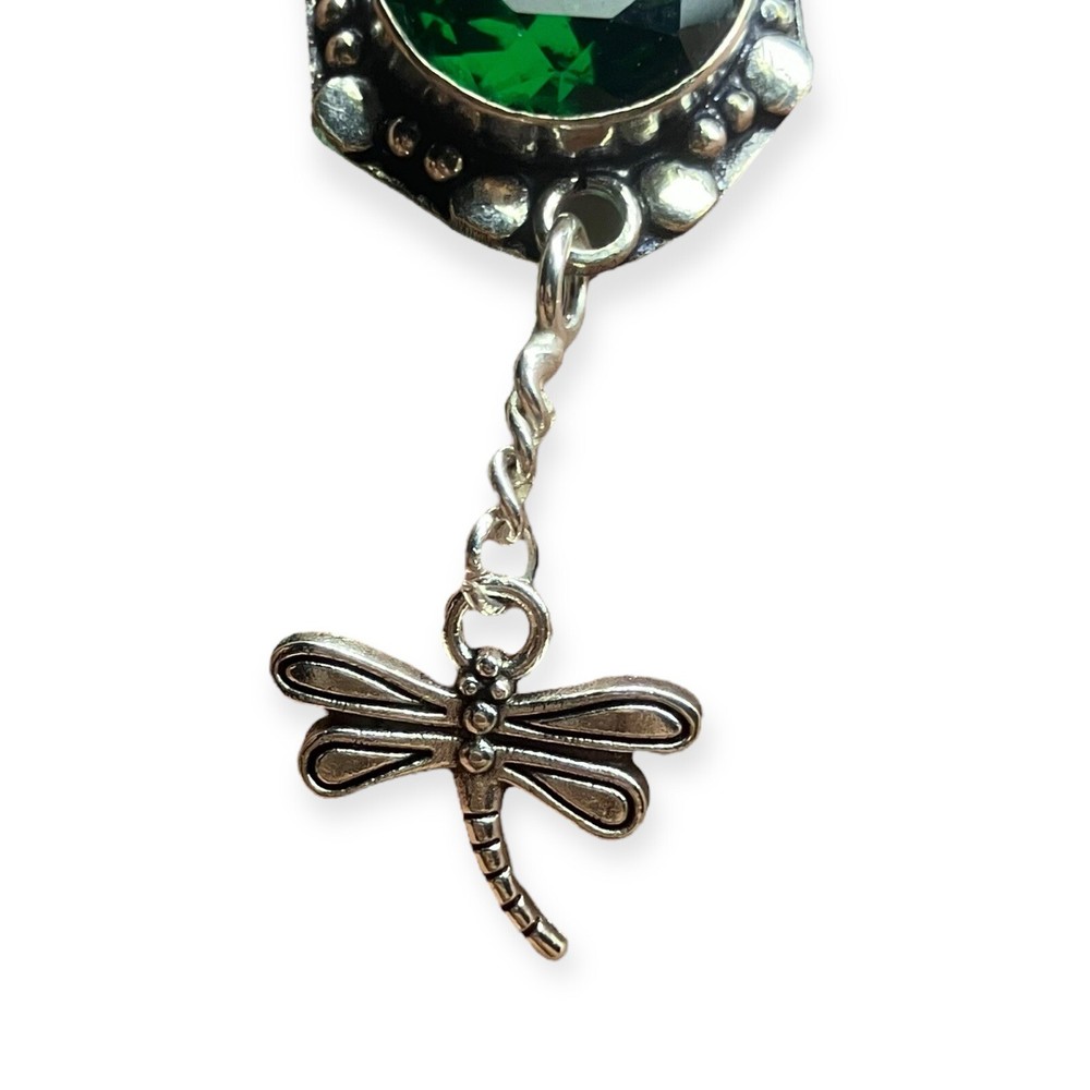 Fairy Cottage Core Dragonfly Green Rhinestone Silver Tone Dangle 2" Boho Pendant