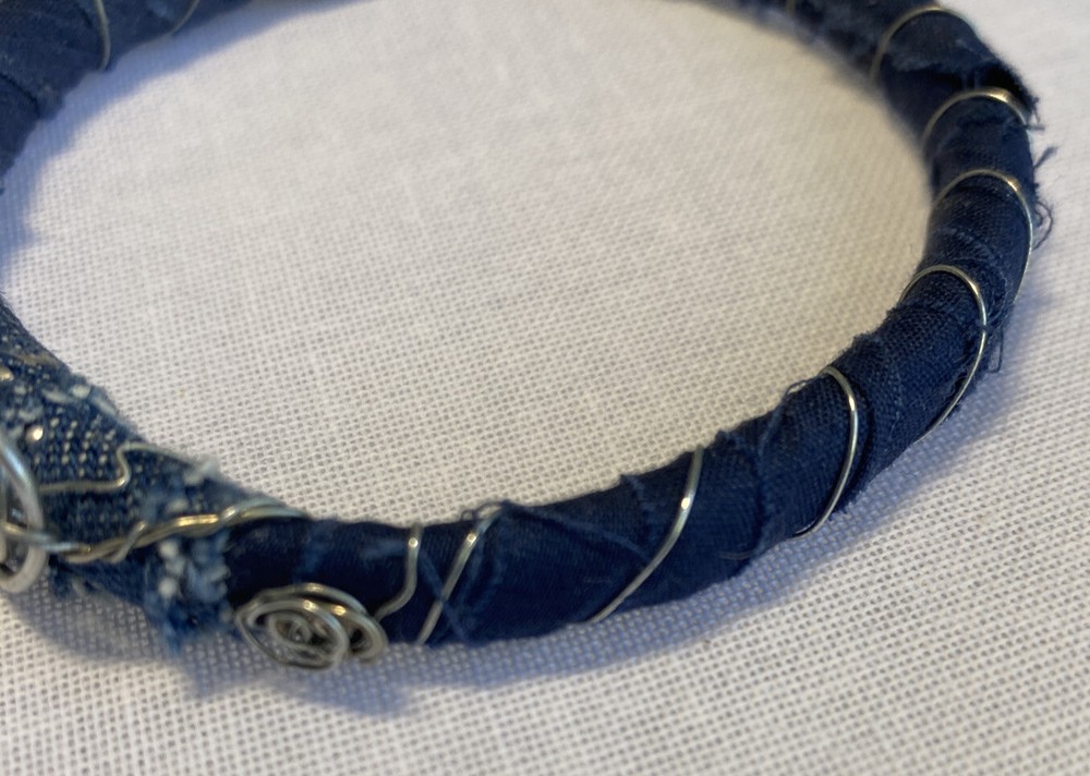 Handcrafted Bangle Blue Denim Fabric With Silver Tone Wire Art Design