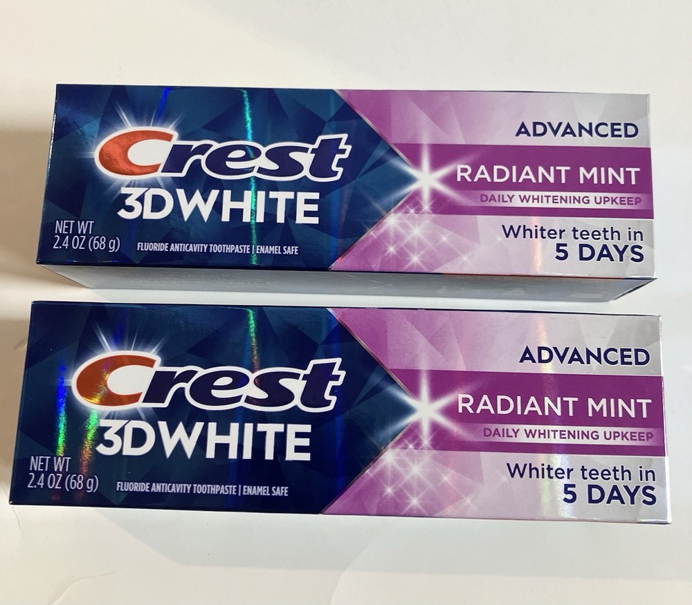 2 Pack Crest 3D White Advanced Radiant Mint Toothpaste 2.4 oz Each Exp. 2/28
