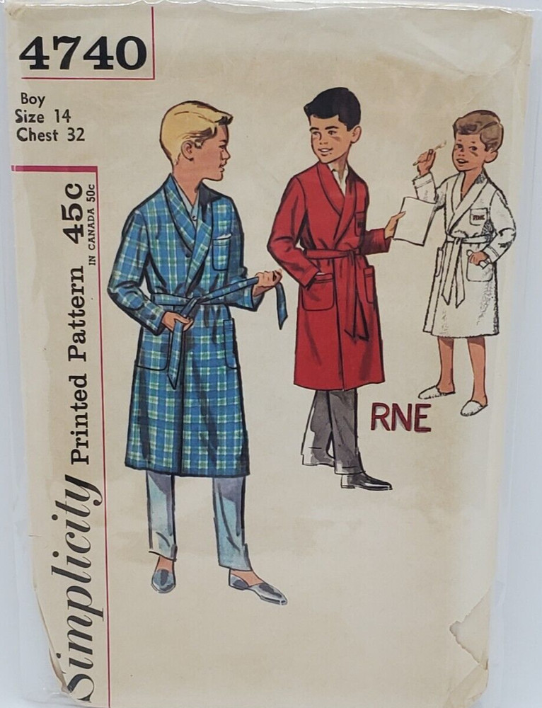 1950s Boys Robe patch pockets front tie Sz;14 chest 32 Simplicity #4740 pattern