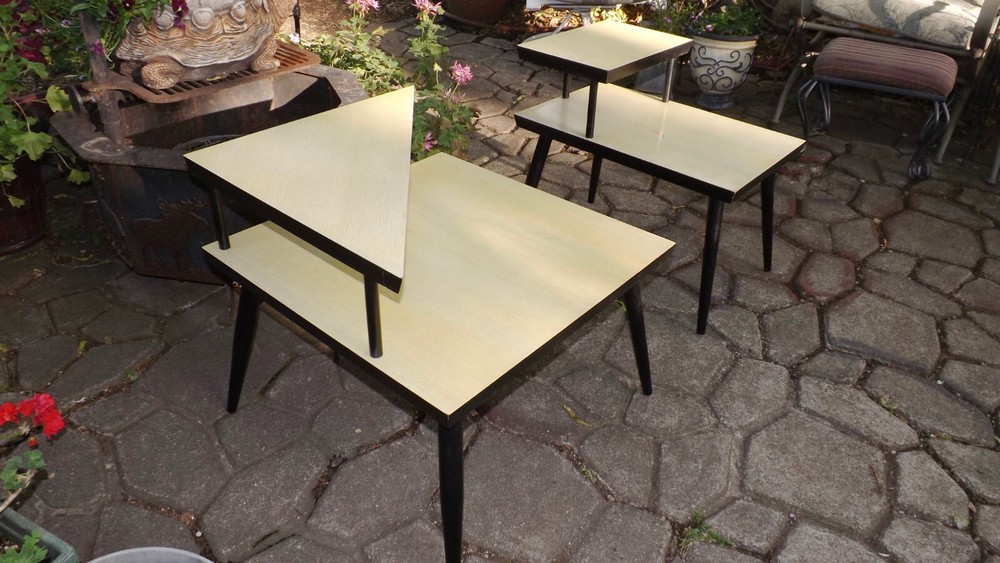 Very 1950s Mid Century Modern Pair 2 Tier Tri-Angle & Square Step End Tables