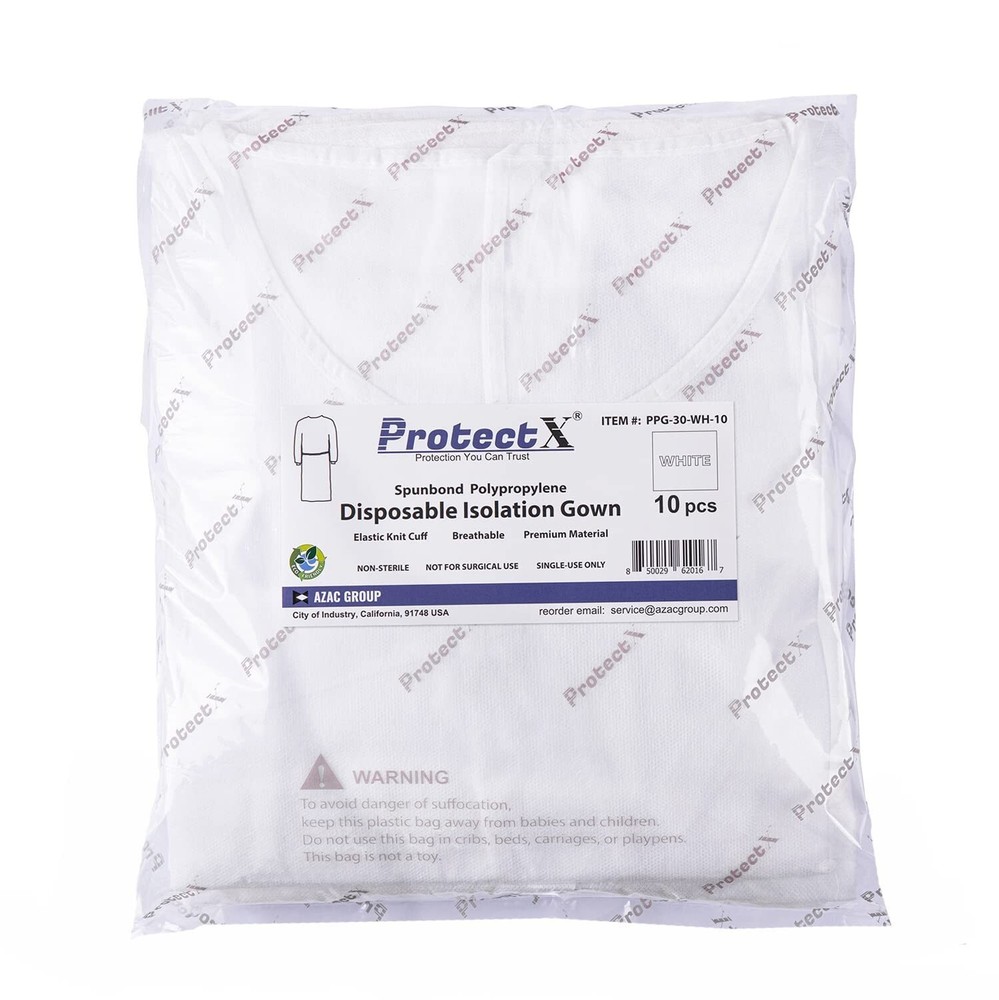 ProtectX (White 10 Pack) Disposable Breathable Polypropylene Isolation Gown w...