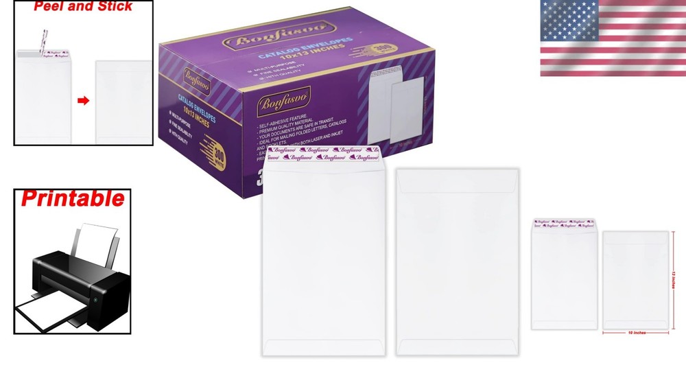 300 Pack White Catalog Envelopes 10x13 - Printable Self-Seal for Invites & Docs