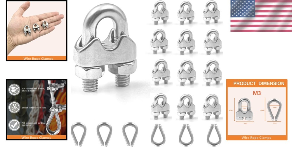 Complete Cable Installation Kit: 12 M3 Wire Rope Clamps & 6 Thimbles - 1/8"