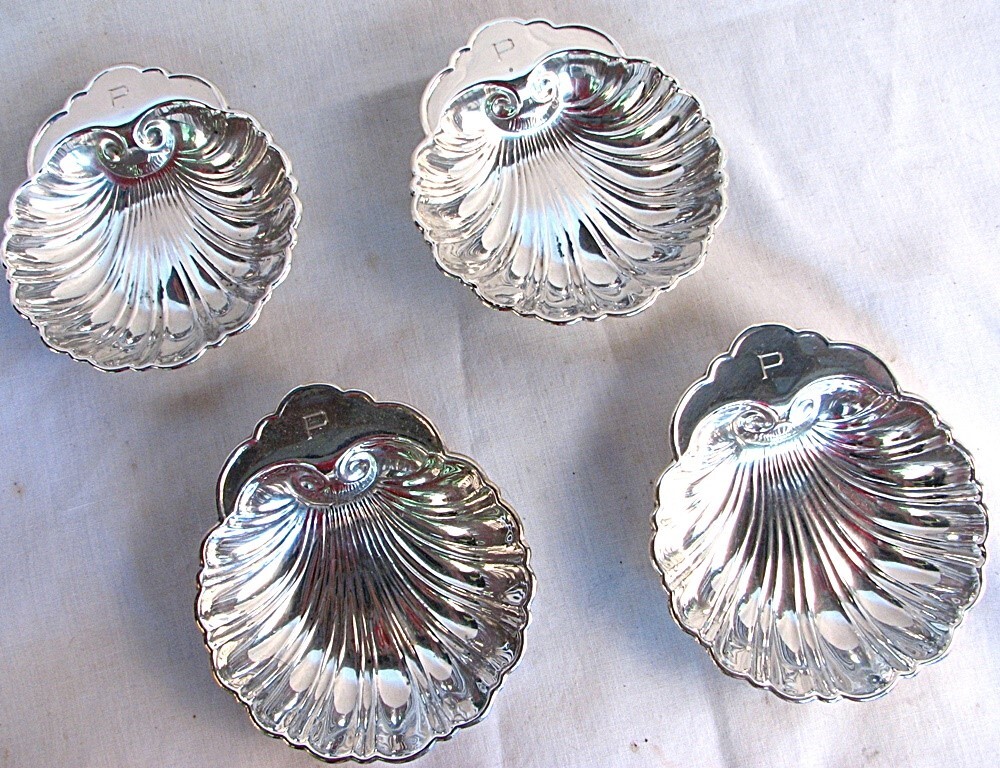 4 STERLING SEA SHELL DISHES SILVER c.1920