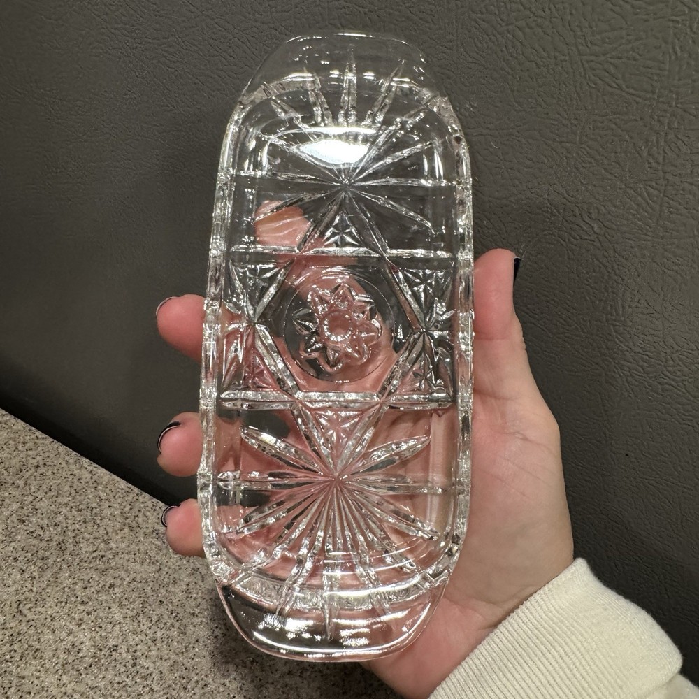 Vtg Anchor Hocking EAP Butter Dish Pressed Cut Clear Glass Star Pattern EUC