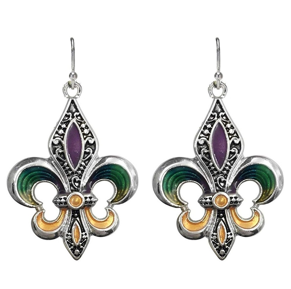 Mardi Gras Fleur De Lis Earrings Dangle Silver Tone with Gift Box
