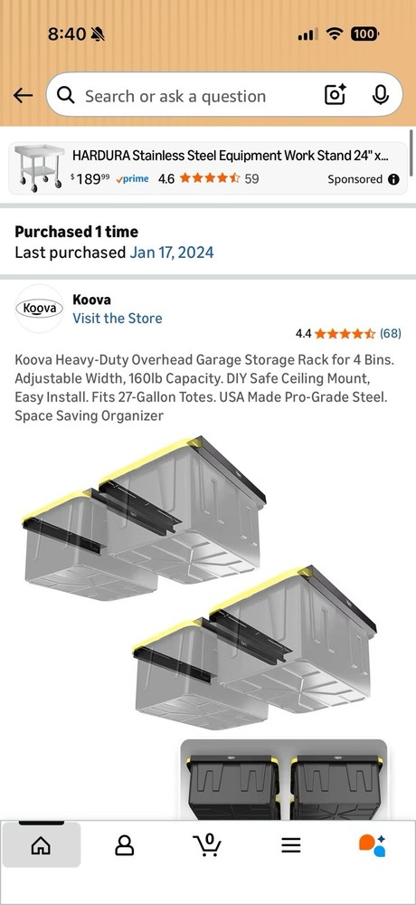 New In Box 4 Bin Koova Ceiling Storage Rack