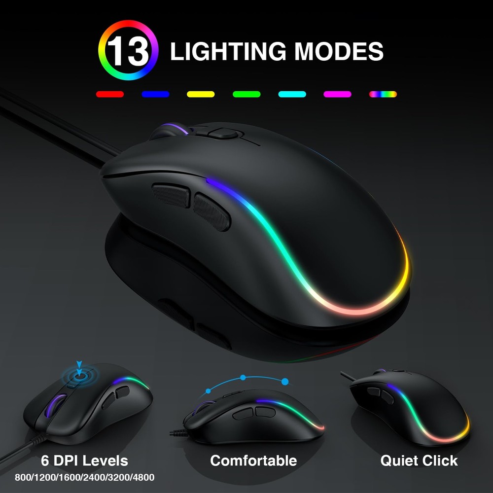 Wired Keyboard Mouse Combo - Large Print Backlit, Ergonomic Wrist Rest, 6 DPI RG