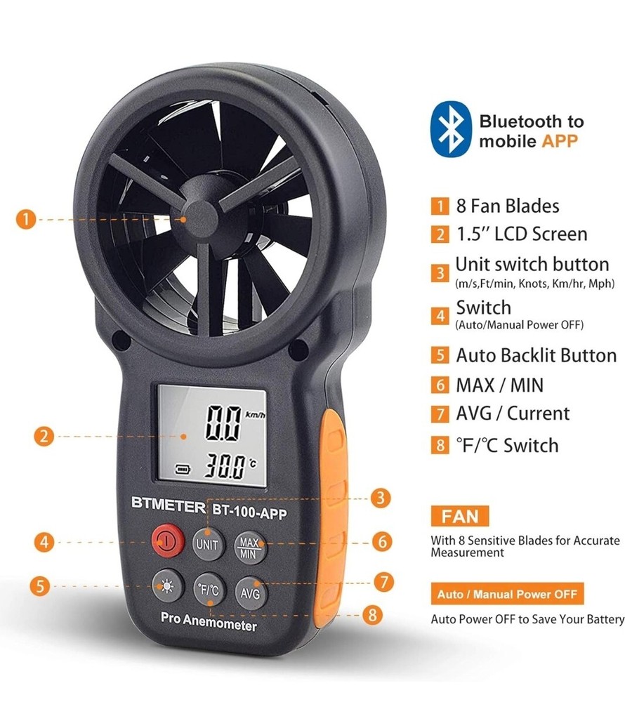 BTMETER Wind Speed Meter Anemometer Handheld Digital Air Flow Meter Velometer
