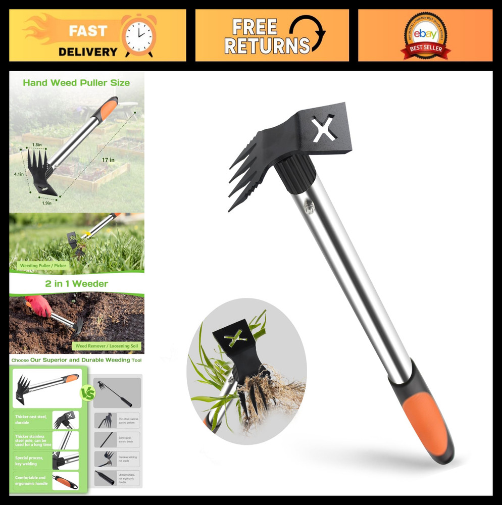 17" Portable Weed Puller Tool - 2-in-1 Hoe & Rake, Durable Manual Weeder for Gar