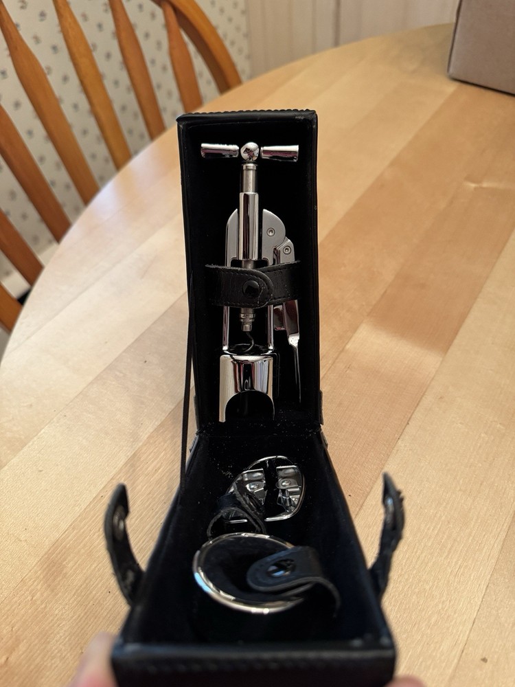 Fancy Chrome Corkscrew Set With Case Black Leather And Soft Interior