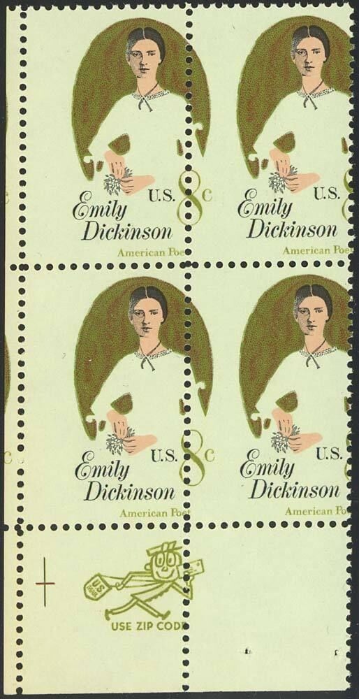 1436, 8¢ MISPERFED ERROR ZIP BLOCK - EMILY DICKINSON
