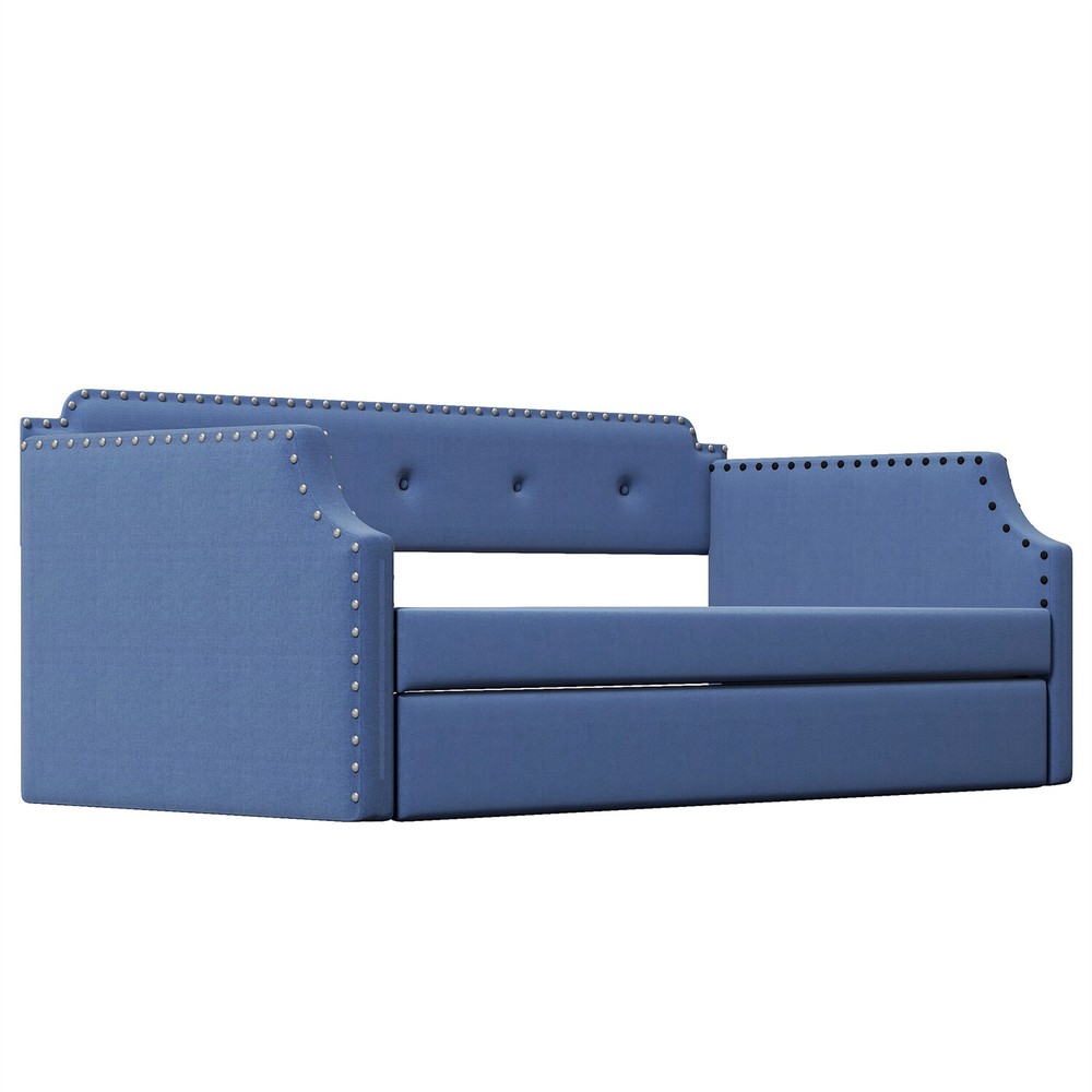 Twin Size Daybed with Pull-Out Trundle Bed Upholstered Bed Frame Sofa Bed Blue