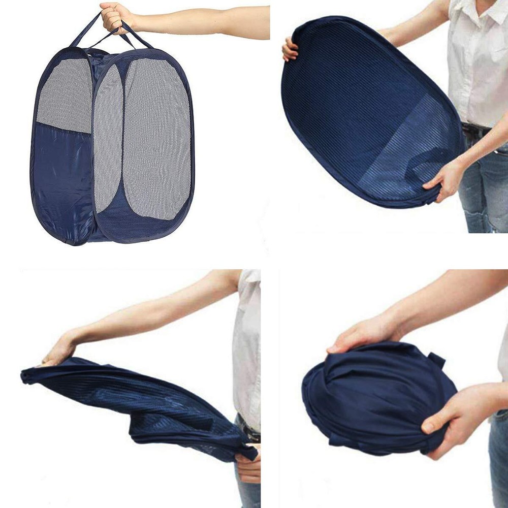 2 Pop-Up Laundry Baskets Foldable Mesh with Reinforced Handles Black and Blue