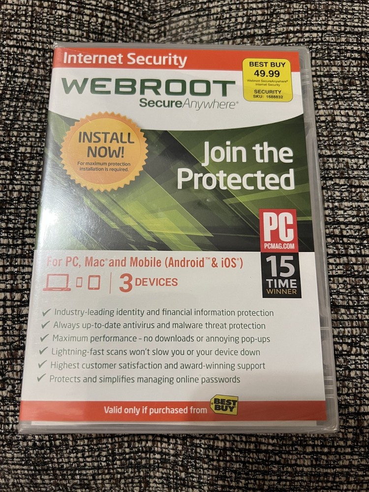 Webroot Secure Anywhere Antivirus Software Internet Security 3-Device New Sealed