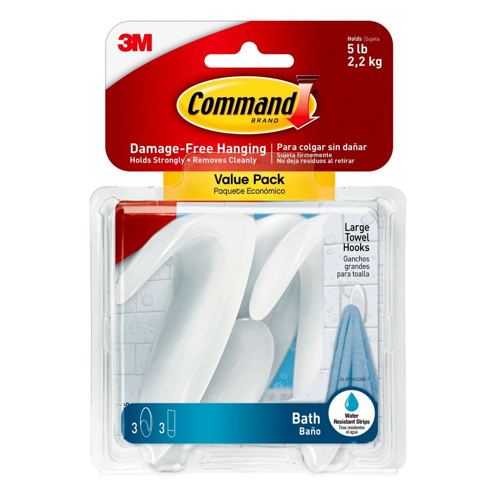 2 Pks 3M Command 3 Large Bath Towel Hooks & 3 Adhesive Strips Per Pack Max 5 lb