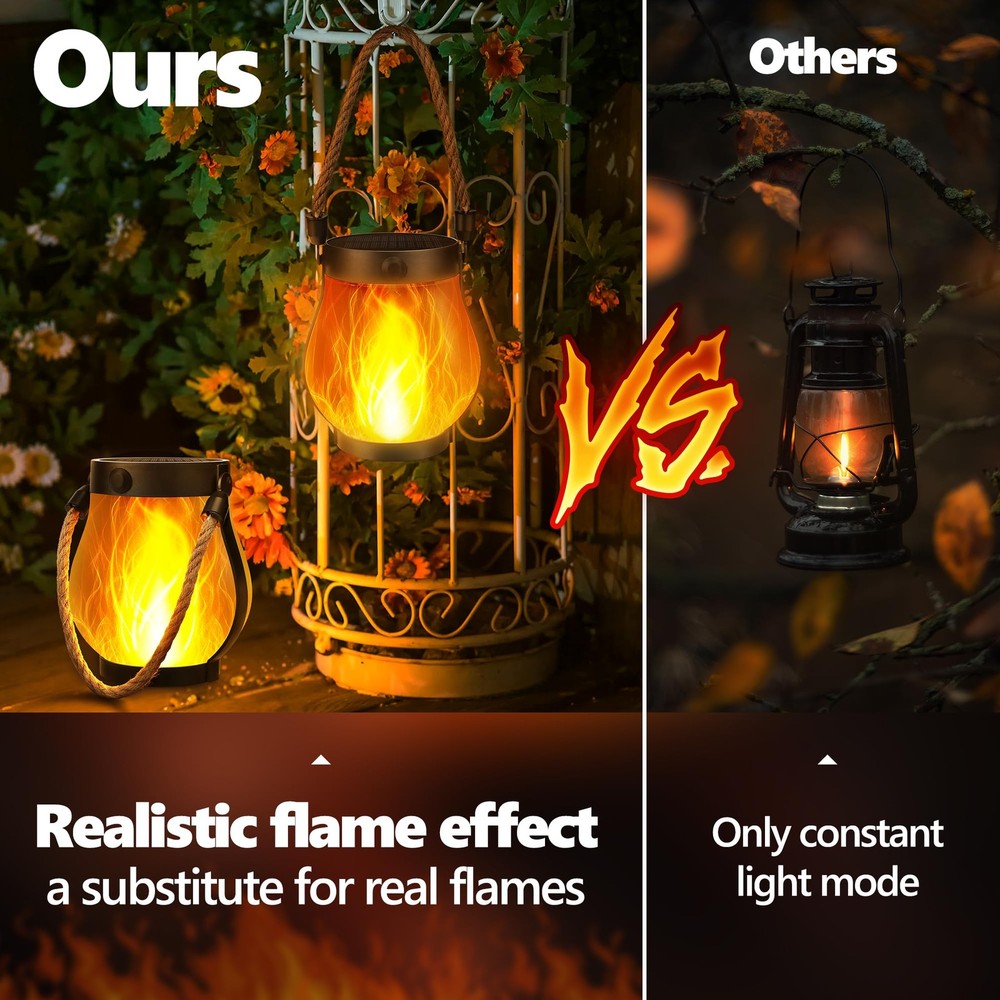 Solar Flame Lantern Hanging Outdoor Waterproof - 2 Pack Flame Lanterns with D...