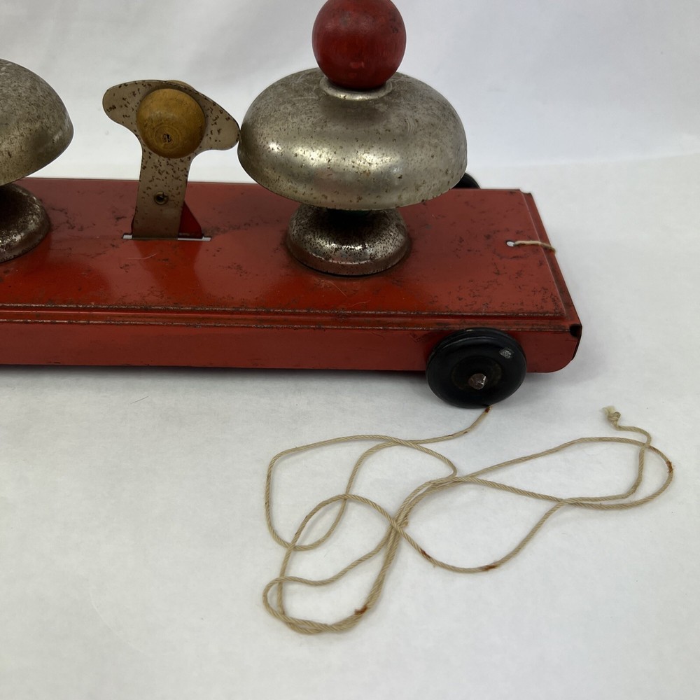 Vintage Pressed Steel Pull Toy - Double Bell No String Marx Red Tin