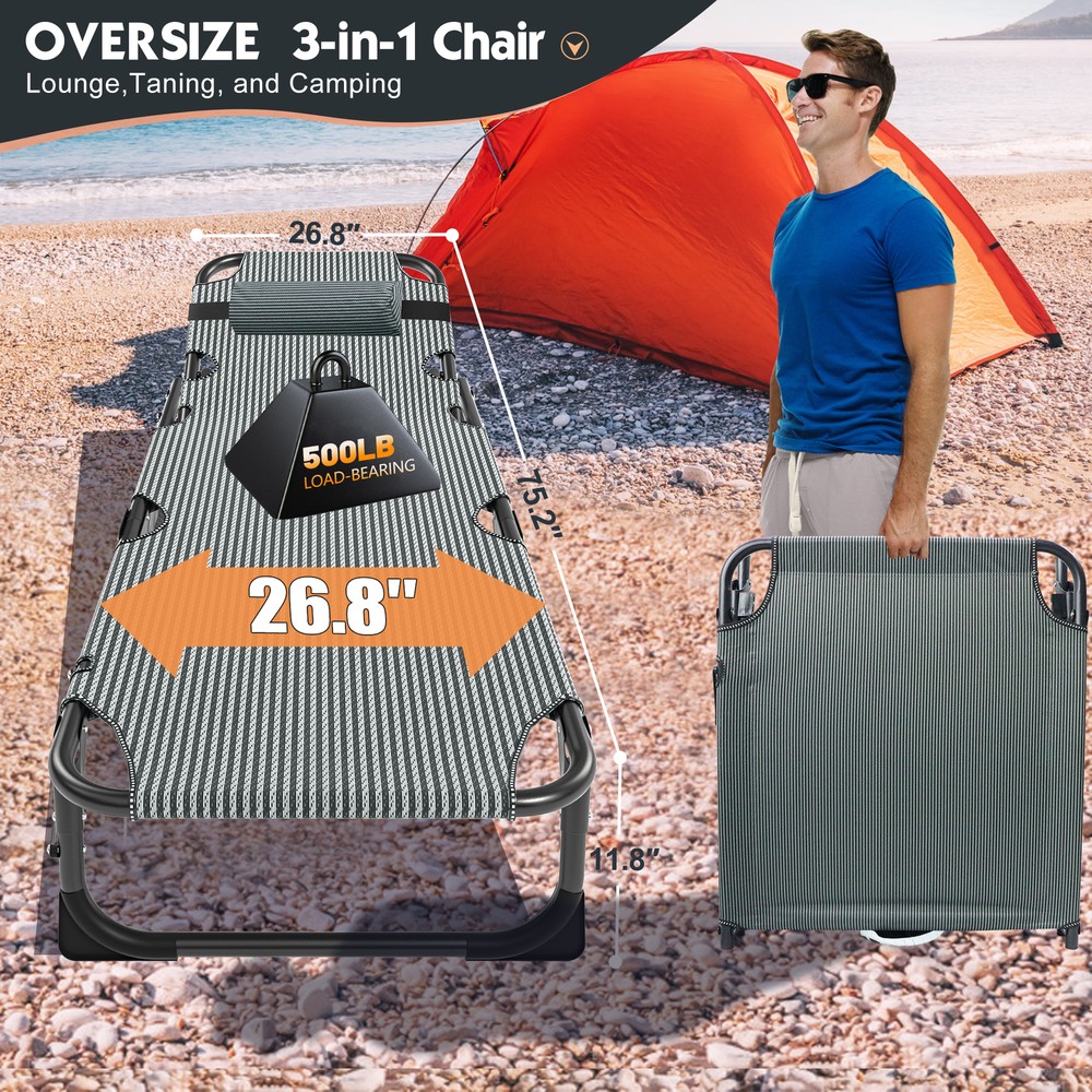 SLSY Folding Camping Cot Adjustable 4-Position Reclining Chaise Pillow Mattress
