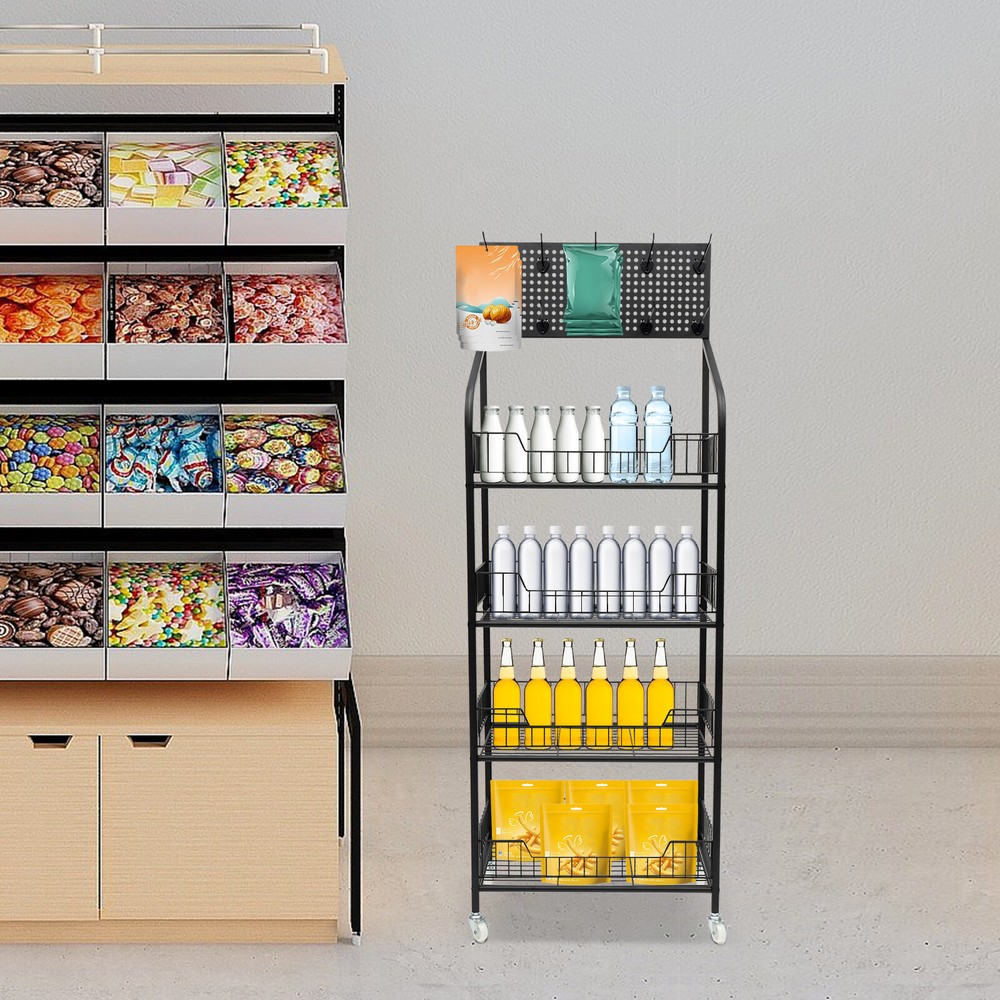 4-Tier Adjustable Rolling Snack Rack with Hanging Board - Freestanding Display