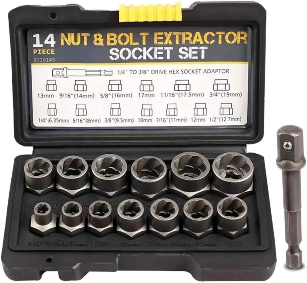 14 Pcs Nut & Bolt Extractor Kit 1/4”-3/8” Removal Tool Set Socket Remover Hex
