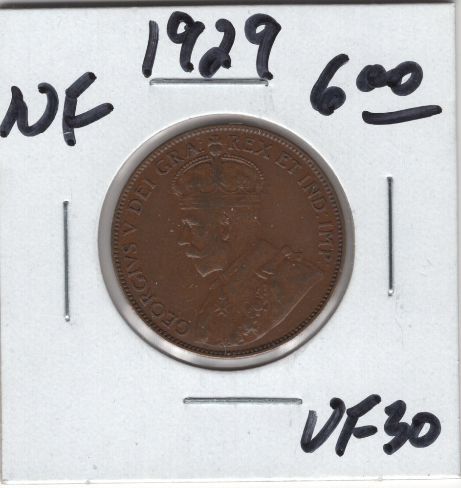 1929 Newfoundland Large 1 Cent Coin - VF+