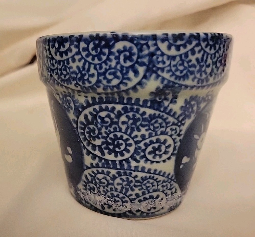 Vtg Cobalt Blue Small Ceramic Flower Planter 2 Rabbits Scroll Design