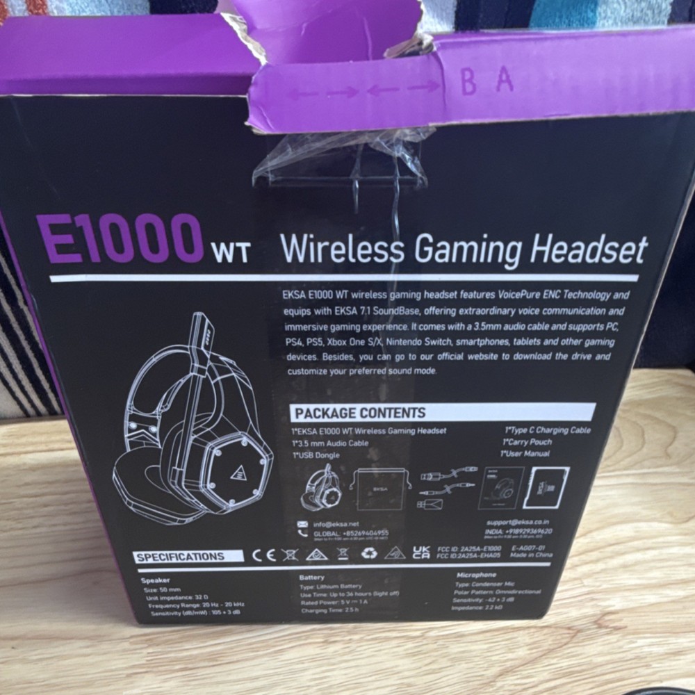 EKSA E1000 WT Wireless Headset, Surround Sound, USB/3.5mm/USB-C, Black