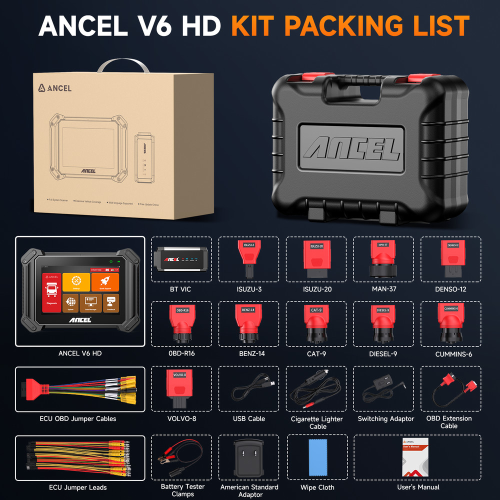 ANCEL Heavy Duty Truck Scanner Diesel Diagnostic Scan Tool ECU Coding DPF Regen