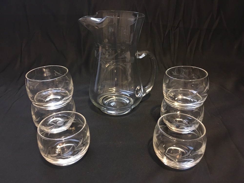 Etched Glass Cocktail Pitcher with 6 Roly Poly Glasses