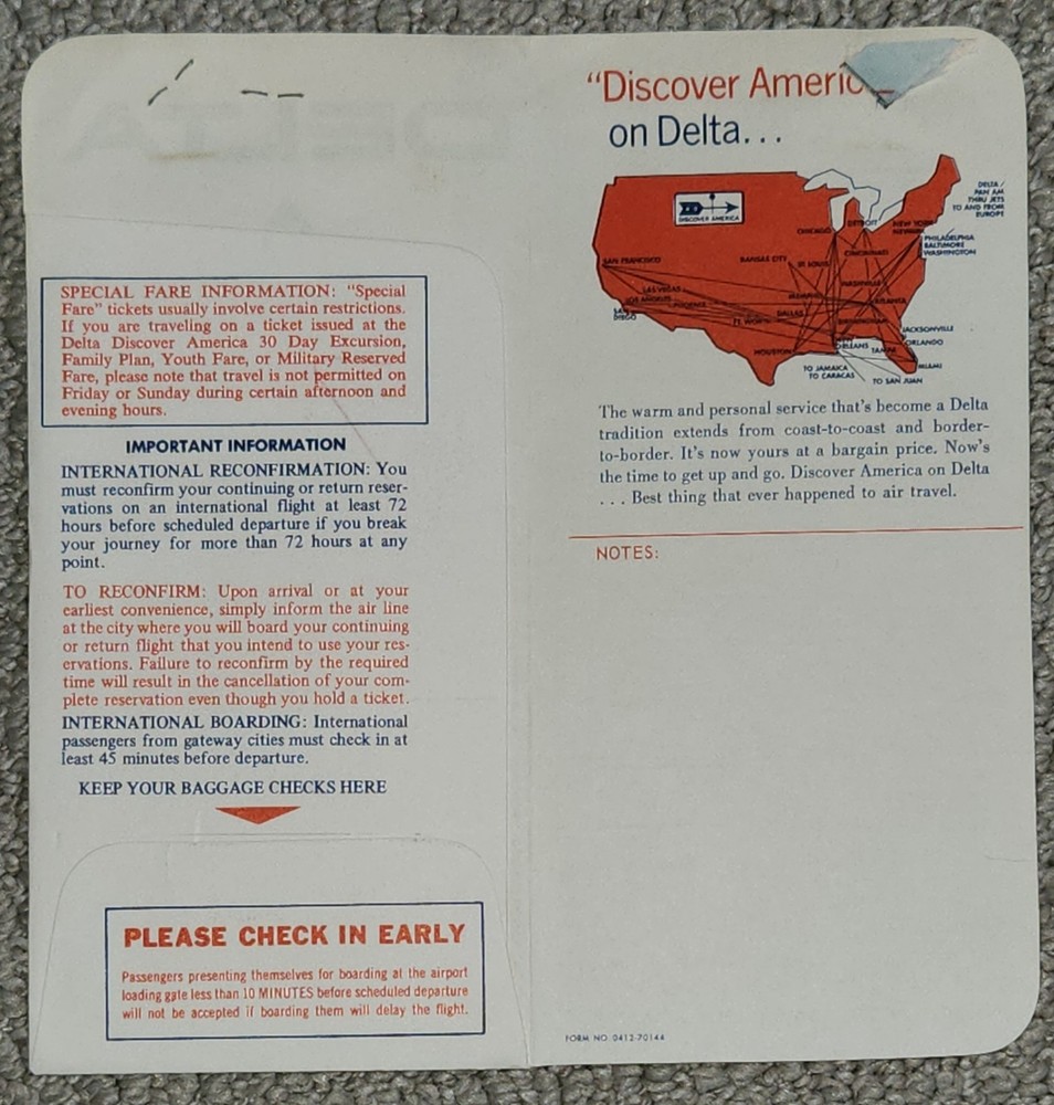 1972 Delta Airlines Ticket Jacket, Boarding Tickets, First Class Boarding Pass