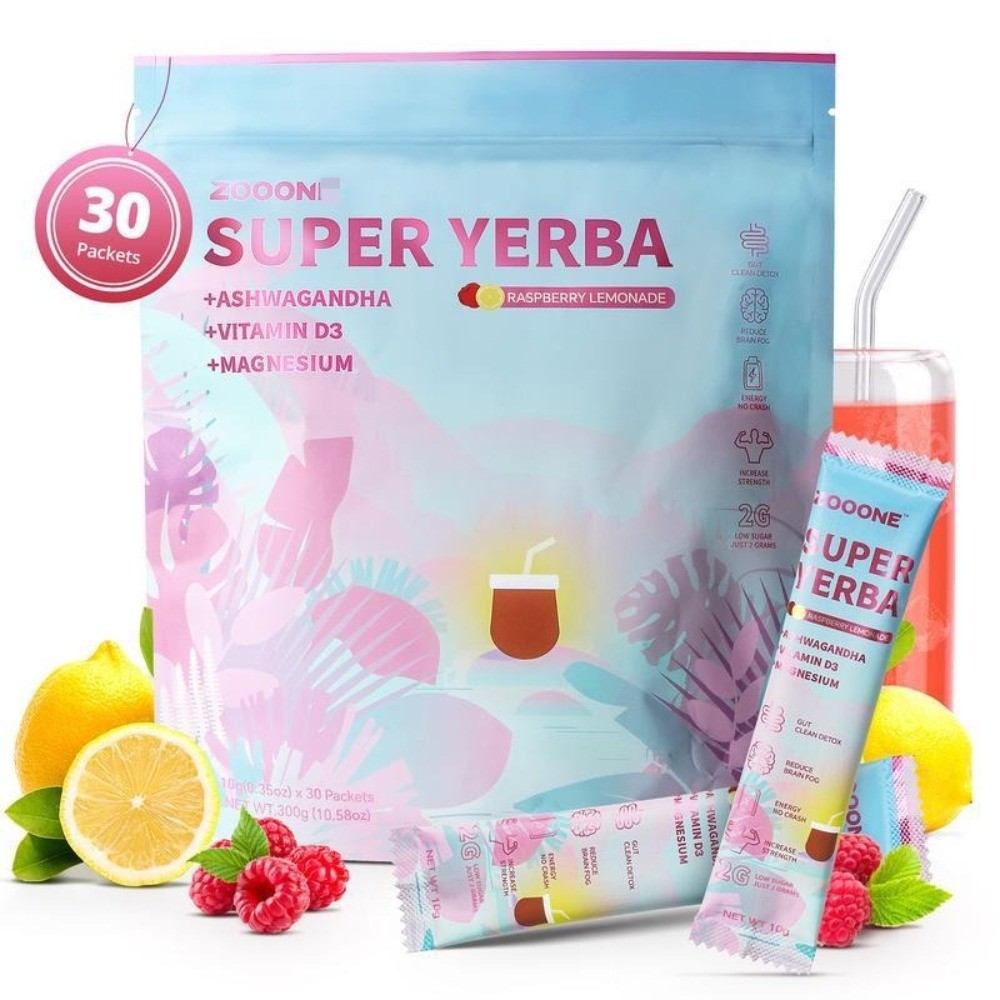 ZOOONE Super Yerba:Natural Energy Boost. Raspberry Lemonade Powder, 30 Serv