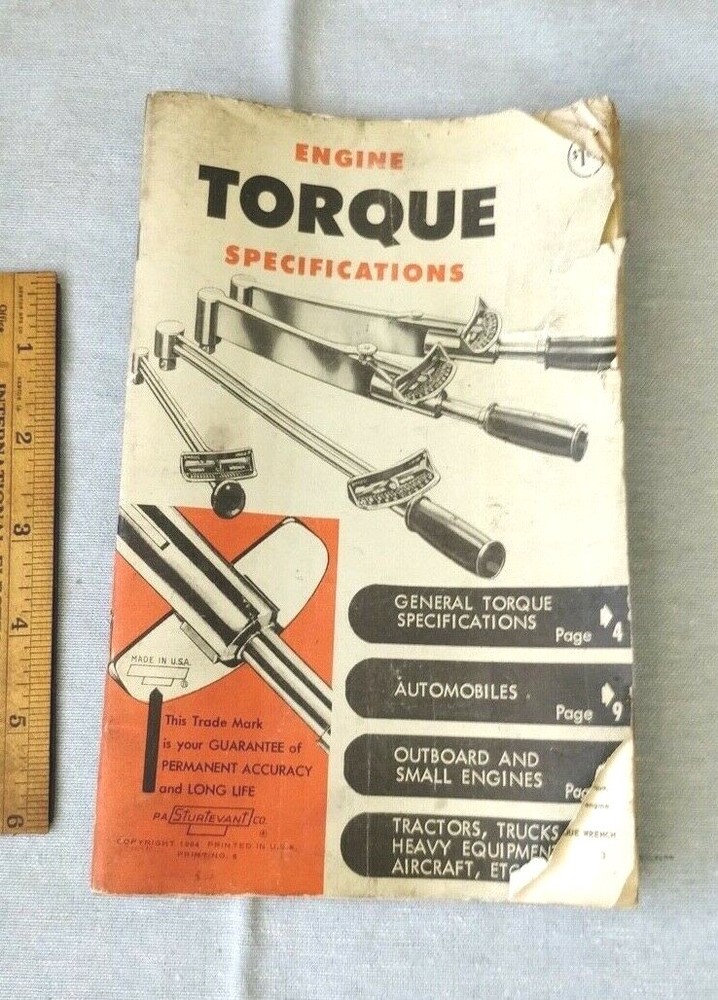 Sturtevant Engine Torque Specifications Vintage 1964 Guide Brochure Book Manual