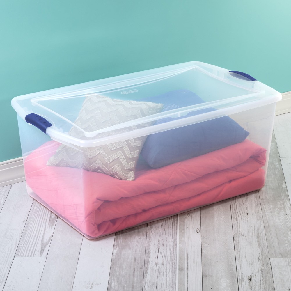 Large Storage Bin, 105 Quart Clear Plastic Storage Bin with Latch Lid,Blue 4pack