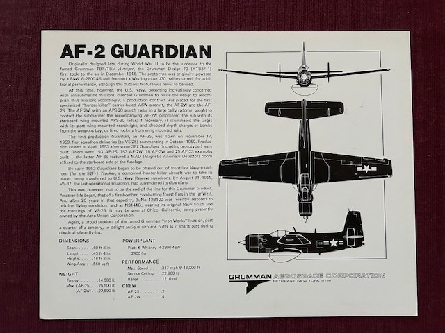 Grumman AF-2 Guardian Photo Spec sheet