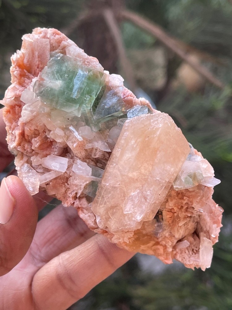 Dark green apophyllite crystals with orange stilbite