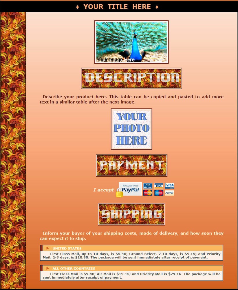 AUCTION TEMPLATE Peacock Orange Column Design - FREE Shipping