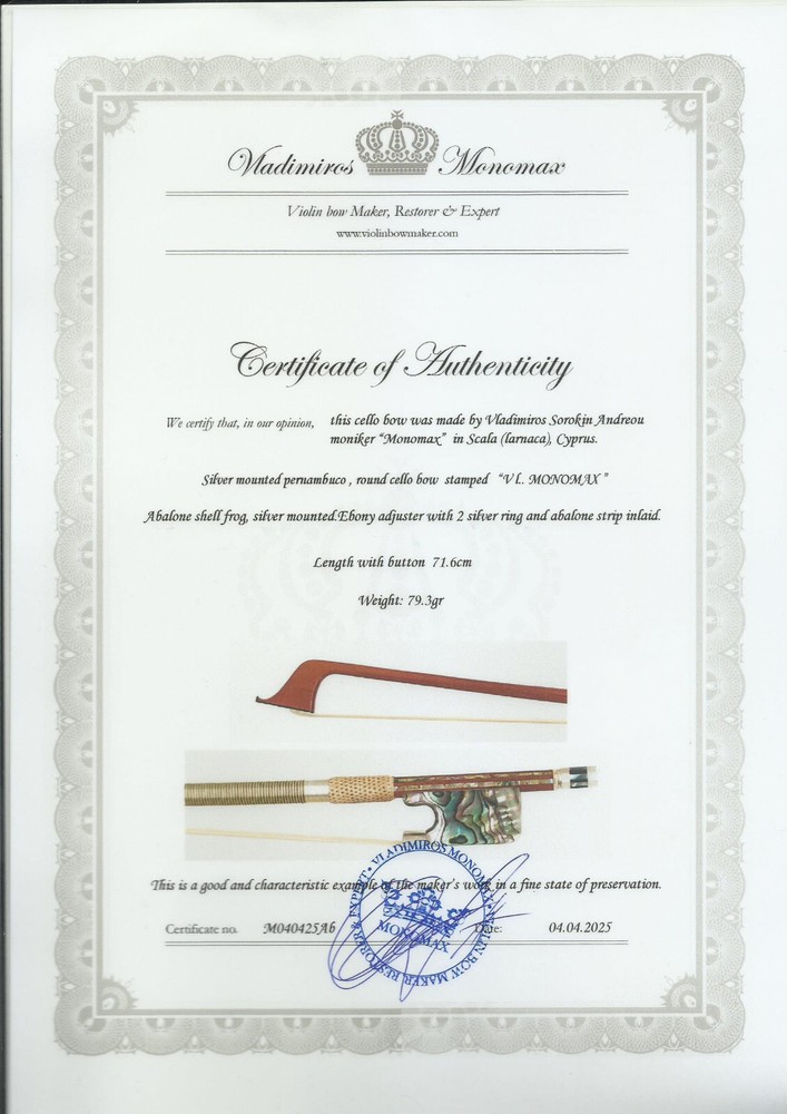 Certificate ONLY for Pernambuco silver cello bow with abalone shell frog.