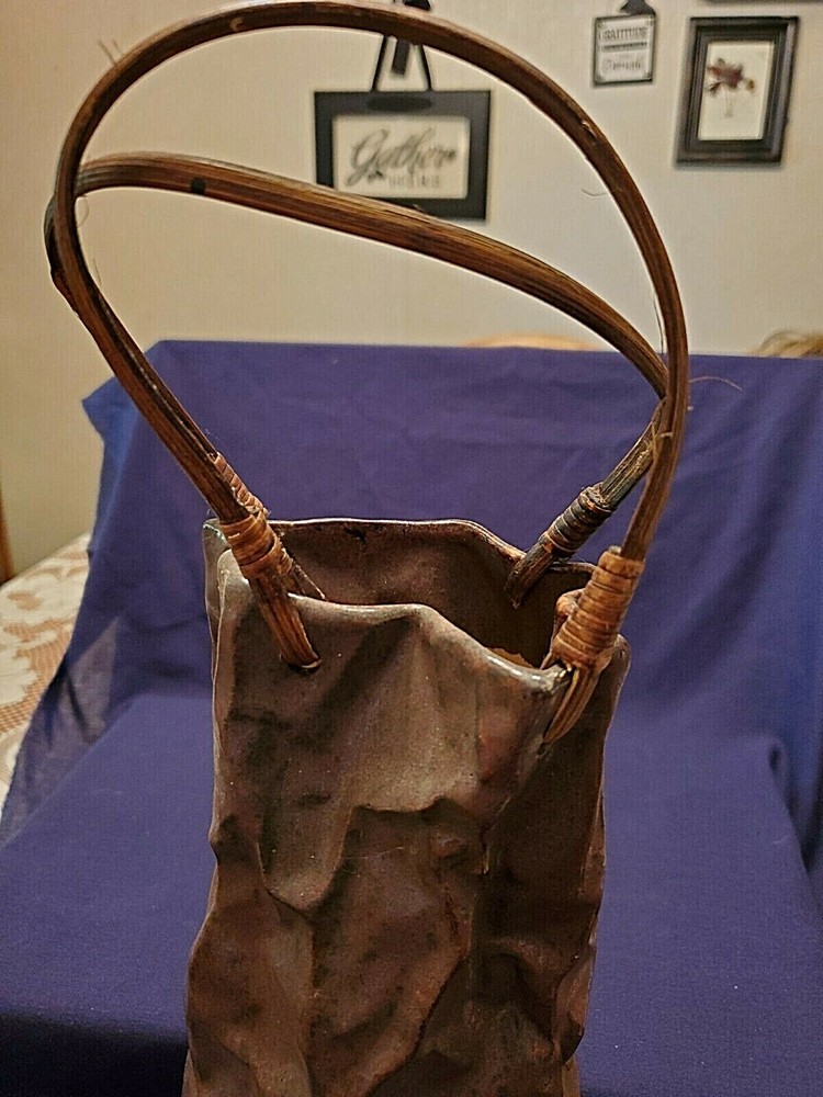 CERAMIC BROWN TALL BAG WITH HANDLES 16" TALL