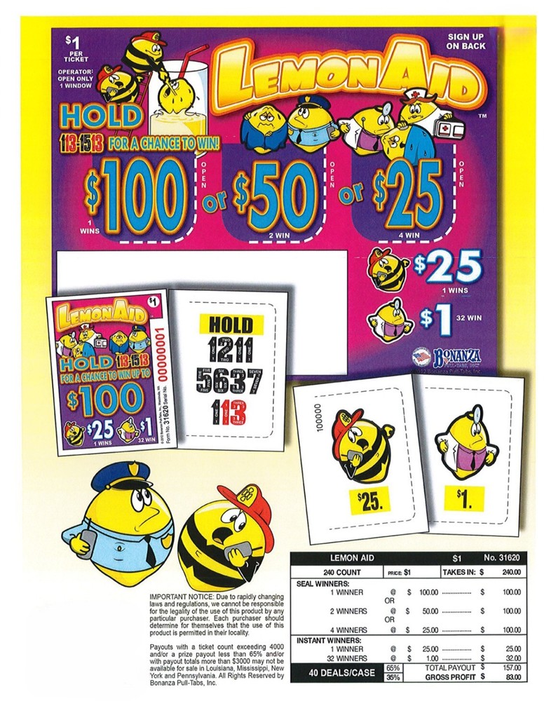 Pull Tab Ticket- Hard Card - Game- 5 Pack Lemon Aid - 240 ct ea
