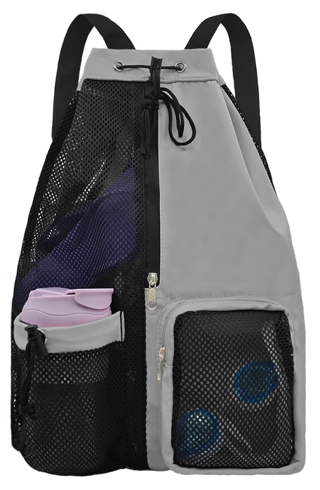 Mesh Beach Backpack with Wet Pocket Drawstring Pool Bag Waterproof Swimming B...