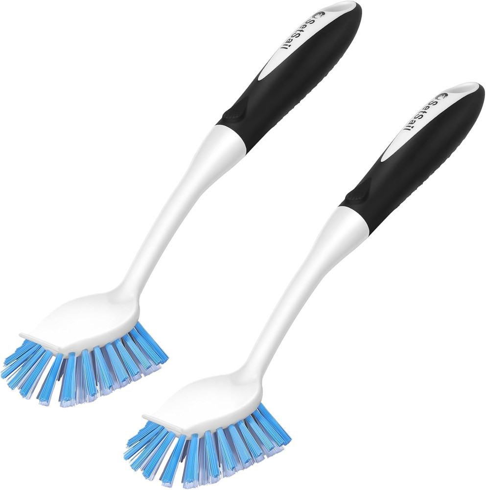 Dish Brush with Handle, 2 Pack Stiff Bristles Dish Scrubber with Built-In Scrape