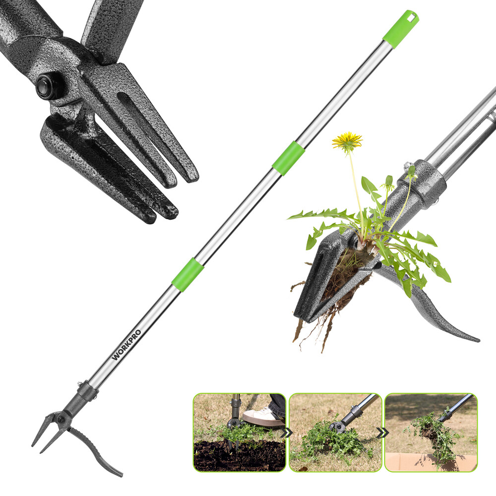 WORKPRO Heavy Duty Stand Up Weed Puller Tool 33"-46" Handle Weed Remover 4 Claws