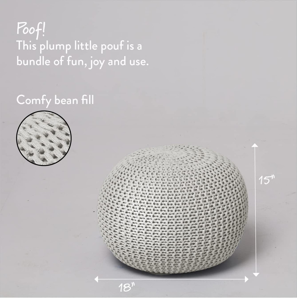 round Knit Pouf - Hand Woven Cotton, Ivory
