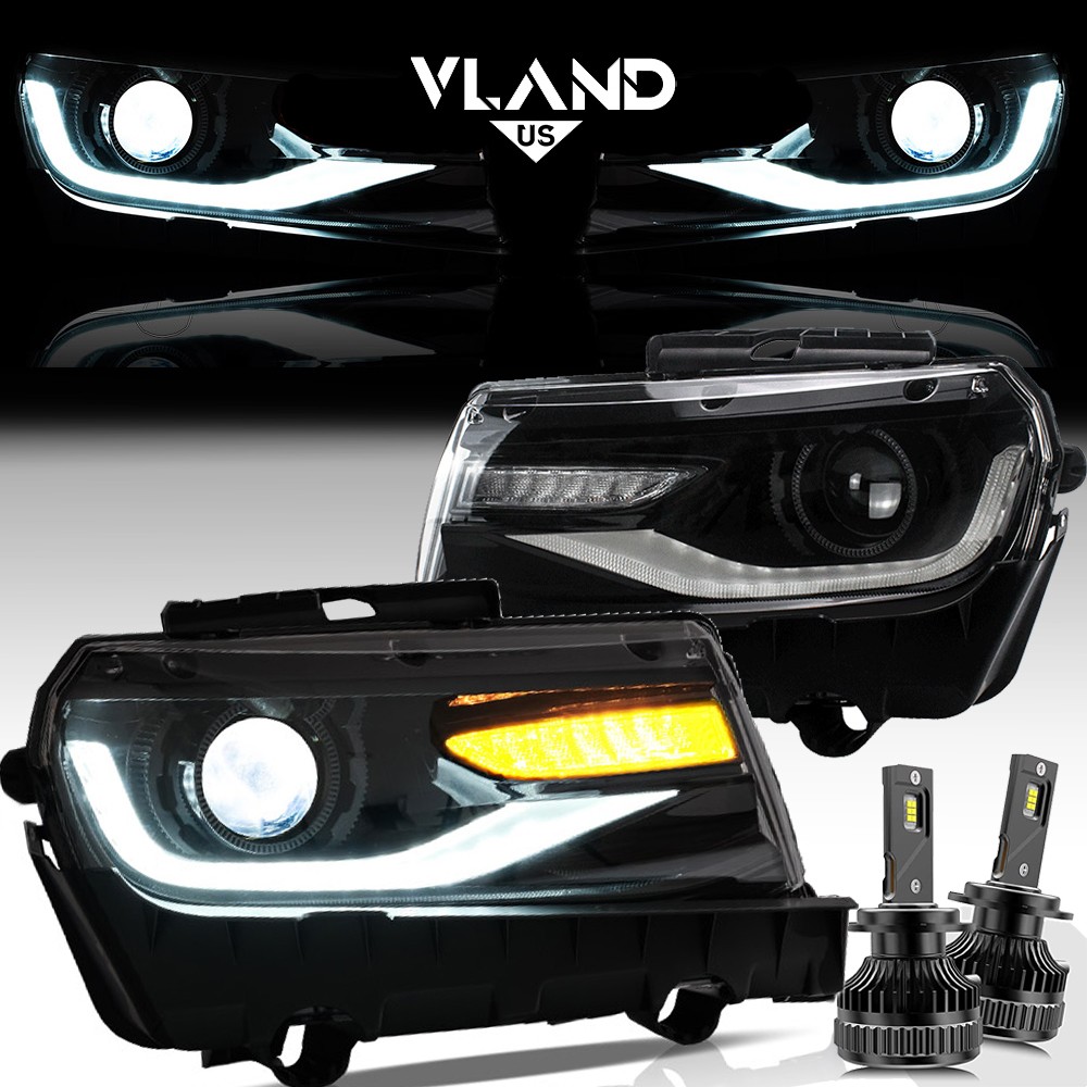 LED Projector Headlights + VLAND Bulbs For 2014-2015 Chevy Camaro w/RGB DRL Sets