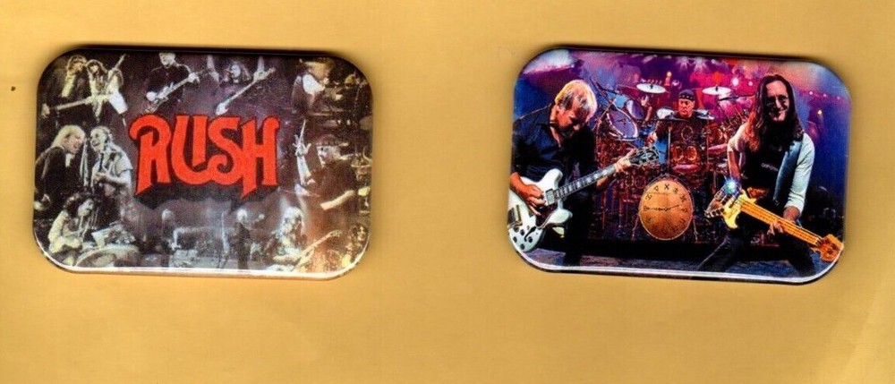 RUSH      2  MAGNETS OR BUTTONS, PINBACK 2"X3" W/ ROUNDED CORNER